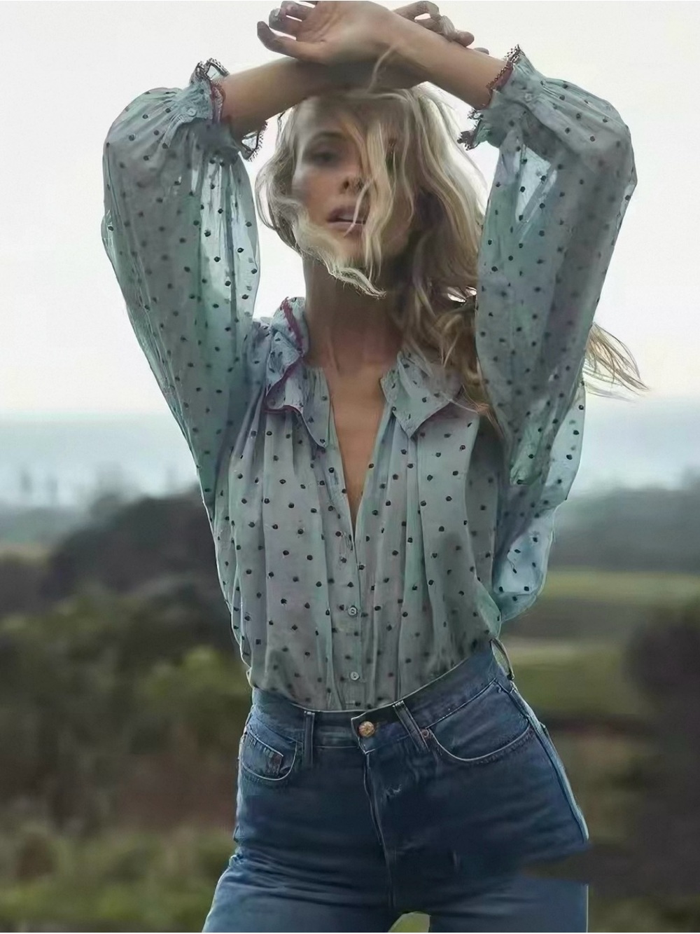 DOEN Polka Dot Print jemma Crew Neck Blouse - blue Tops, lace embroidery top S